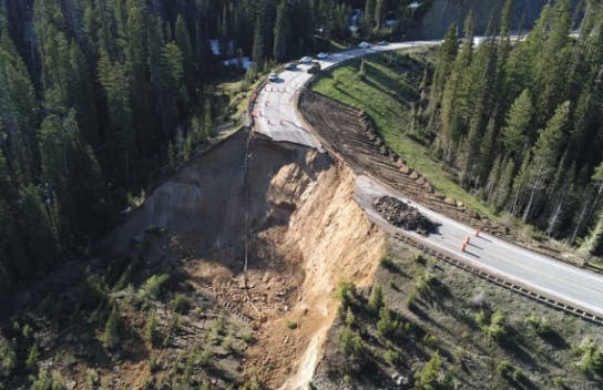 Photo by WYDOT of Teton Pass collapse, the main artery from Teton Valley to Grand Teton National Park in Yellowstone Teton Territory.