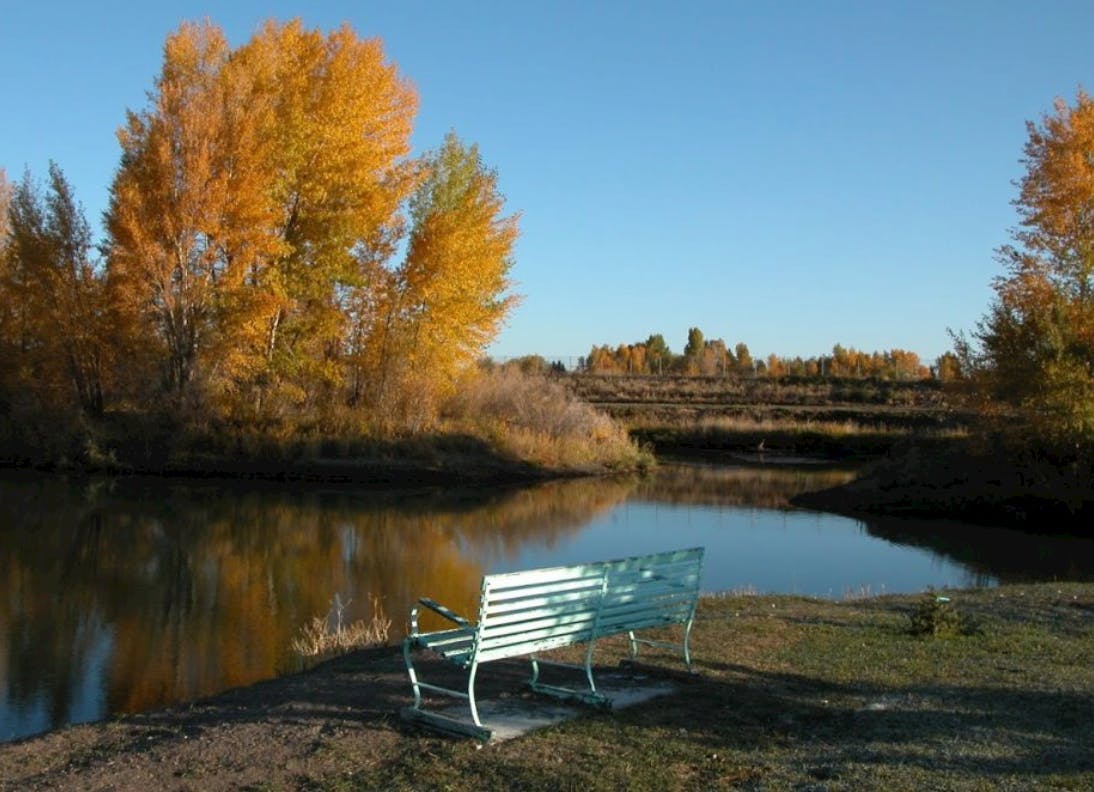 Park bench by a pond in a Rexburg Park in Yellowstone Teton Territory.